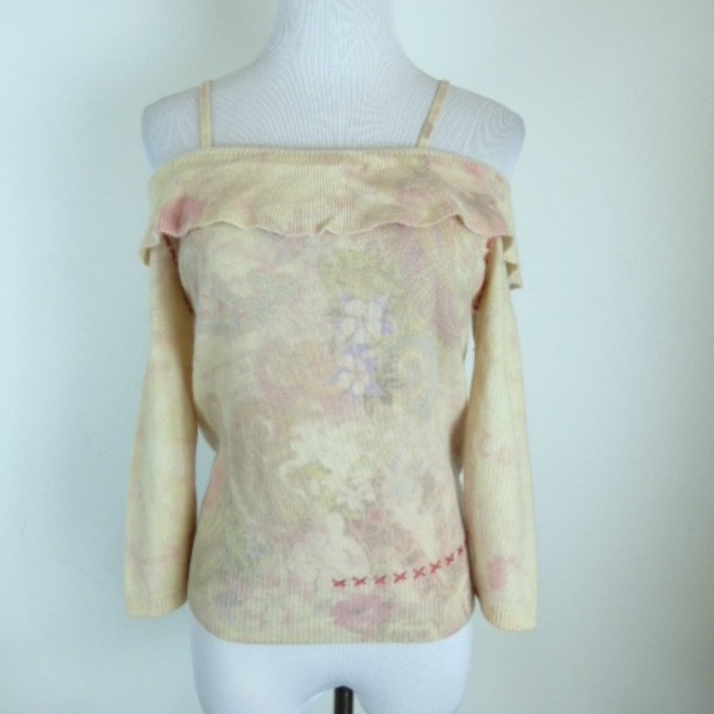 GOA 100% CASHMERE ivory cowl floral SWEATER drop shoulder ruffles new M